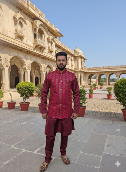 Man in a maroon traditional kurta pyjama and jacket, standing in front of an architectural building with a clear sky.