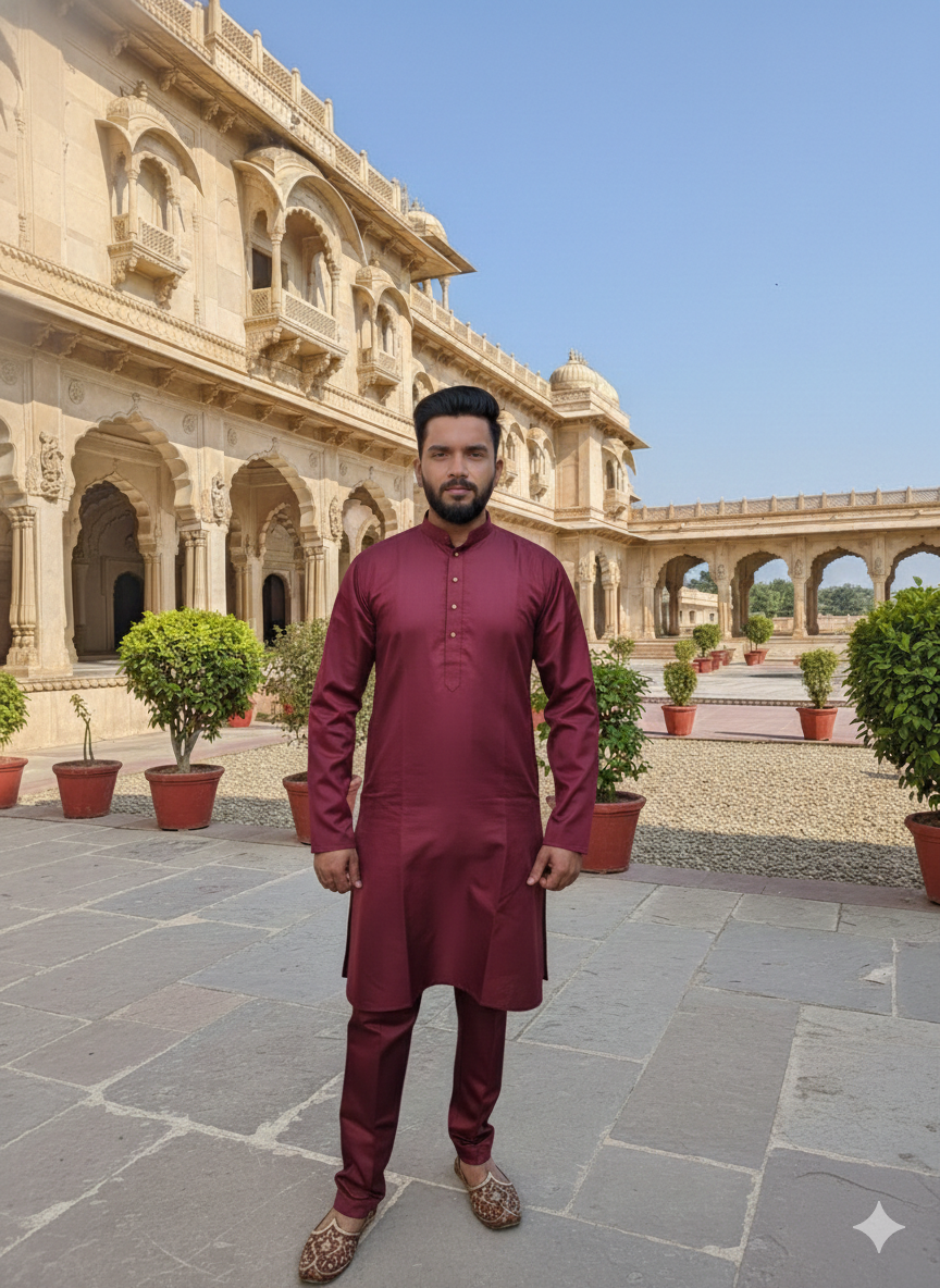 Man wearing a maroon traditional kurta pyjama standing in front of an architectural building.
