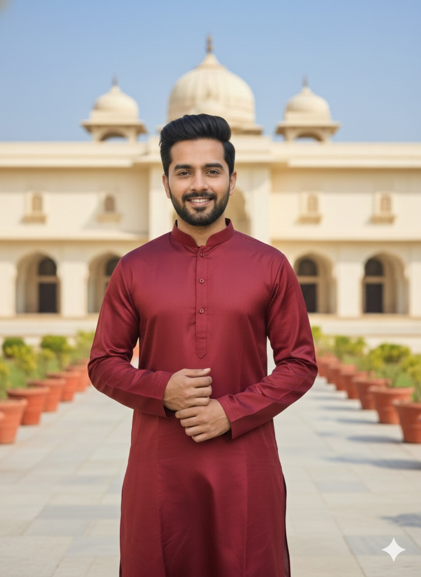 Man wearing a maroon traditional kurta pyjama standing in front of an architectural building.