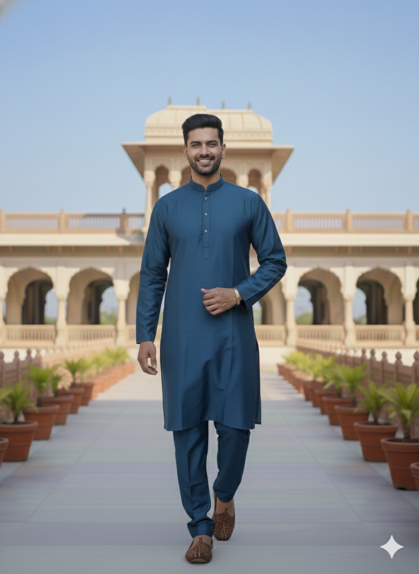 Man in a navy blue kurta pyjama and nehru jacket, standing in front of an architectural structure with a clear sky.