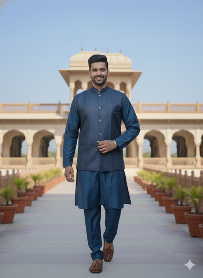 Man in a navy blue kurta pyjama and nehru jacket, standing in front of an architectural structure with a clear sky.