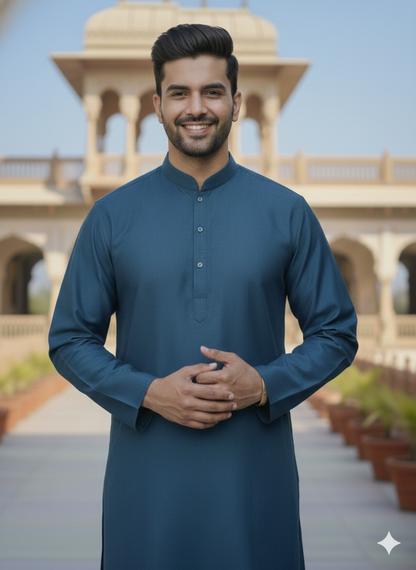 Man in a navy blue kurta pyjama and nehru jacket, standing in front of an architectural structure with a clear sky.