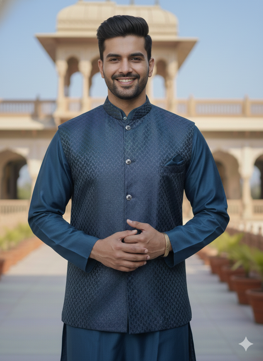 Man in a navy blue kurta pyjama and nehru jacket, standing in front of an architectural structure with a clear sky.