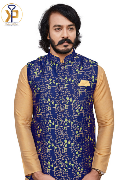 Navy blue Nehru jacket with golden detailing, offering a luxurious and sophisticated look for formal events