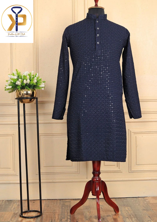 KPD5034 Plus Size Lucknowi Navy Blue Chikankari Kurta Pyjama For Men