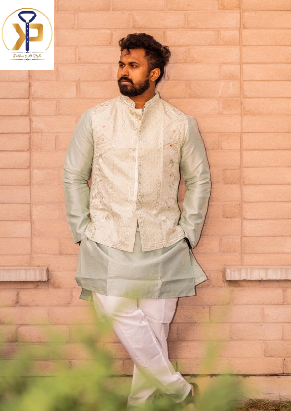 light green kurta and nehru jacket