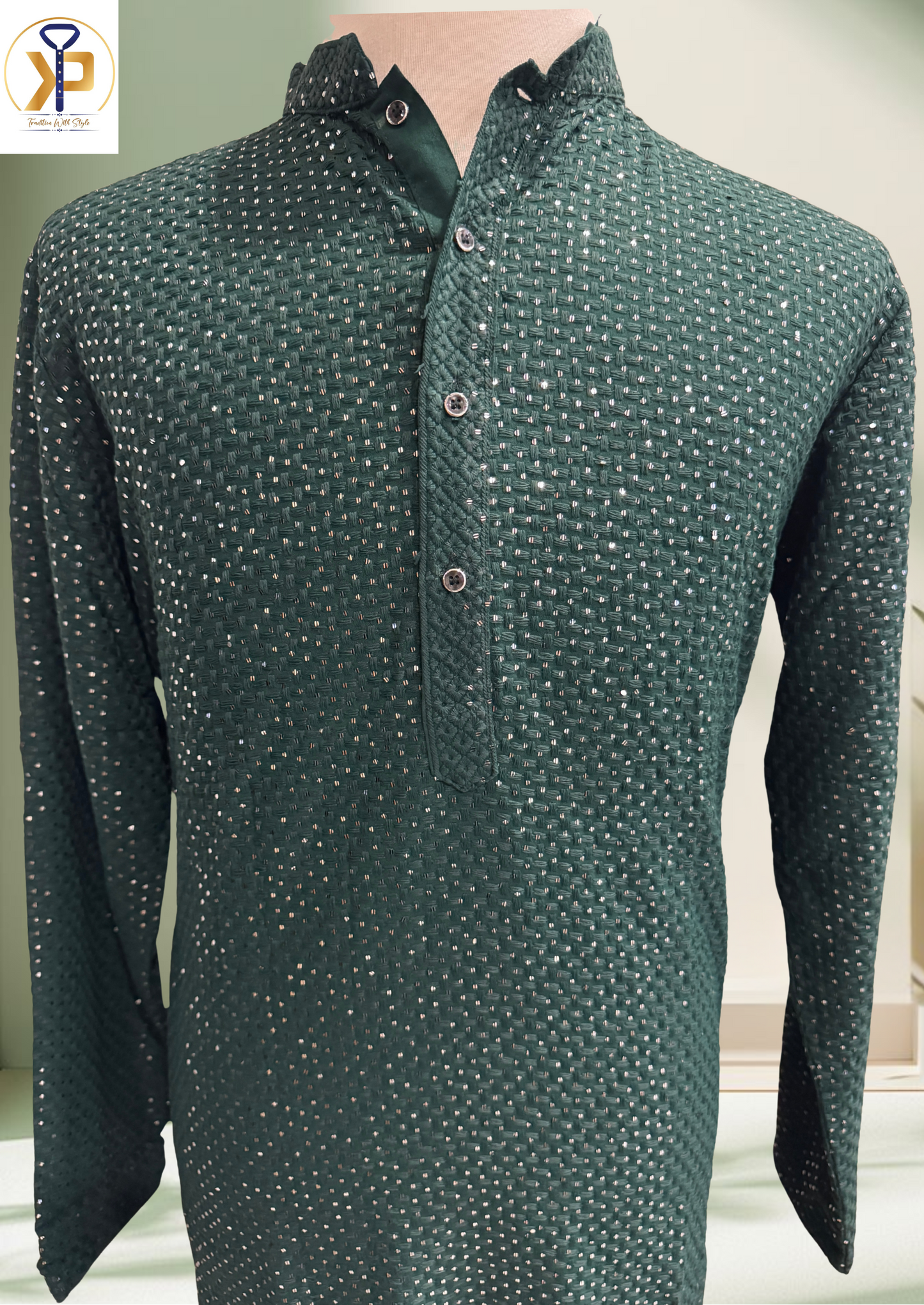 dark heavy green sequence work kurta set for men