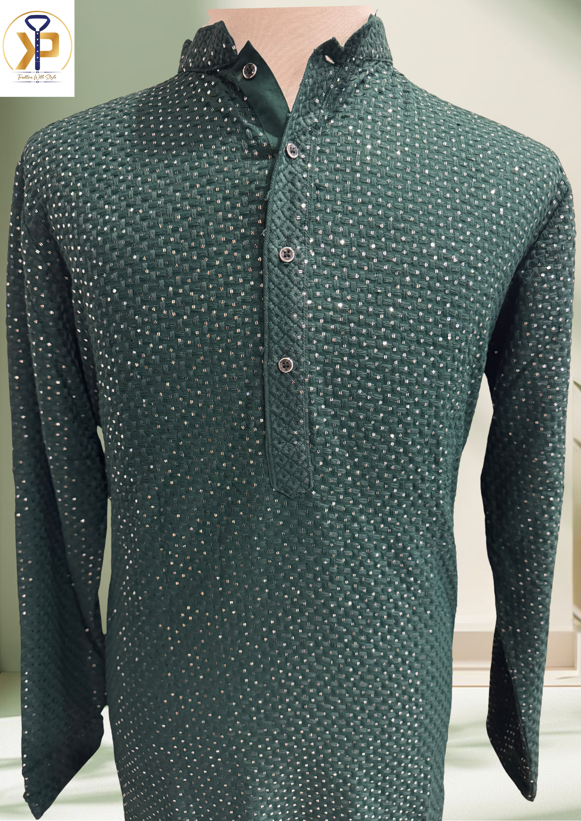 dark heavy green sequence work kurta set for men