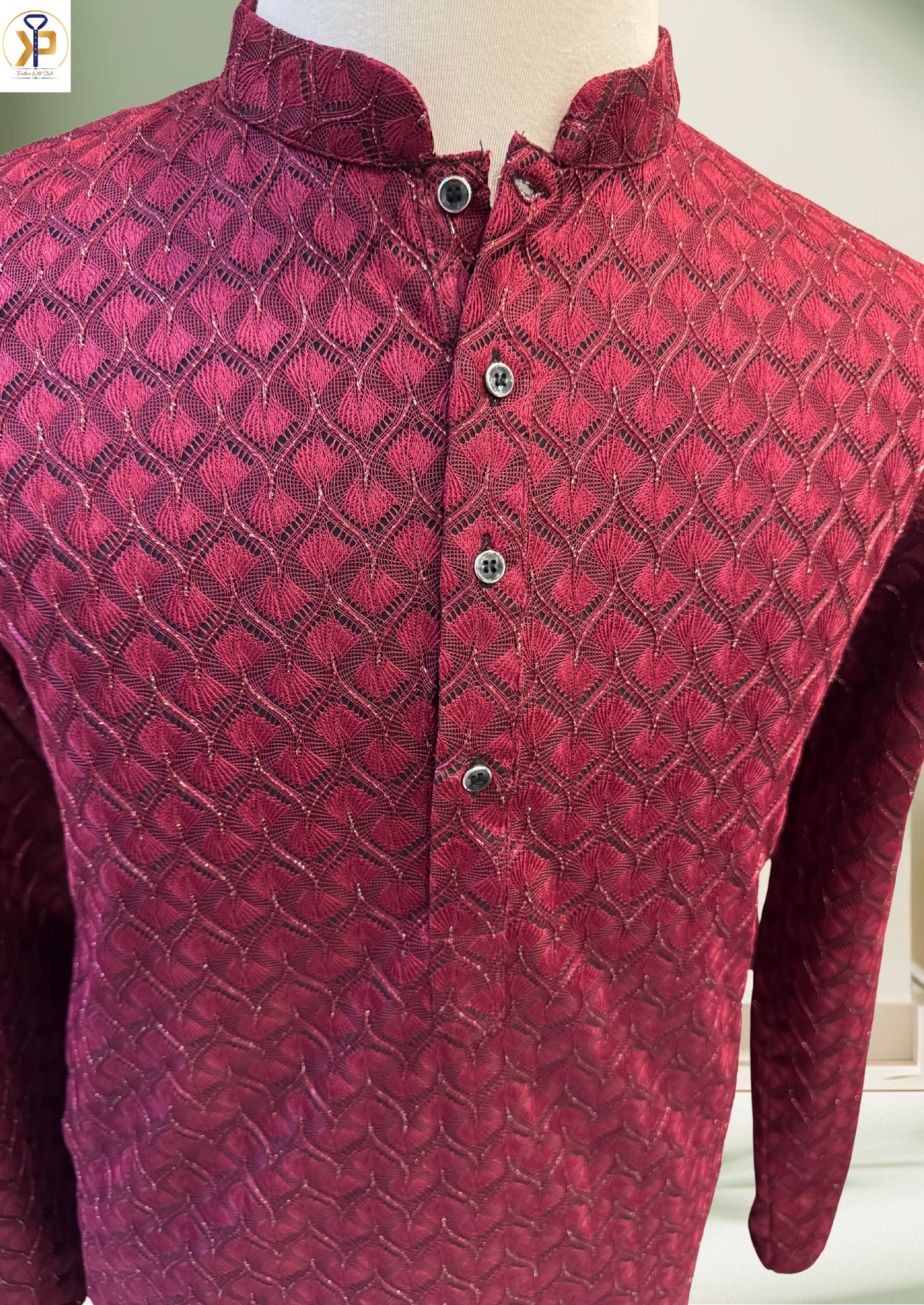 cherry red threadwork kurta set