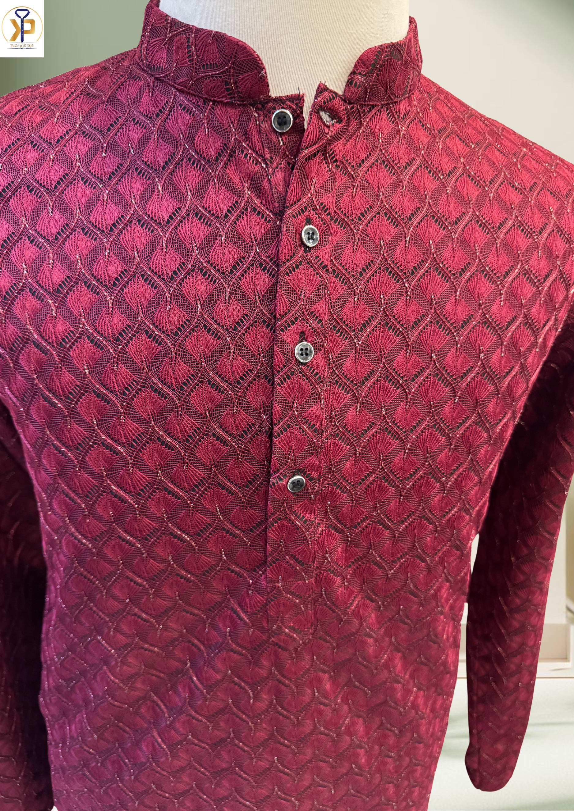 cherry red threadwork kurta set