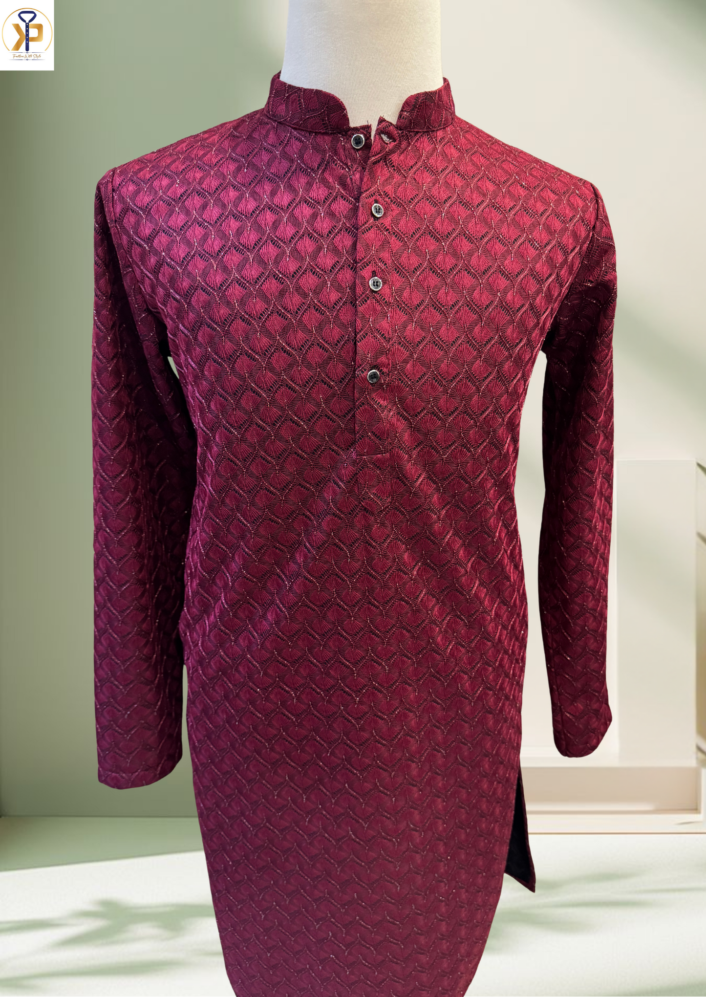 cherry red threadwork kurta pyjama set