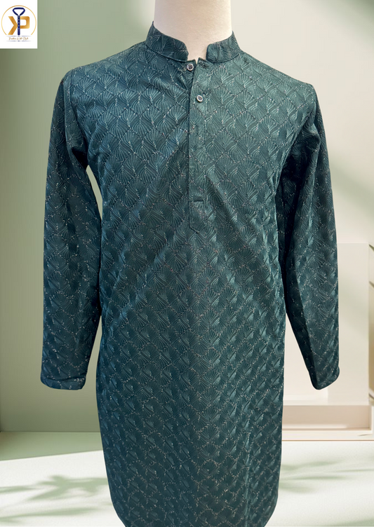 green threadwork kurta pyjama for men