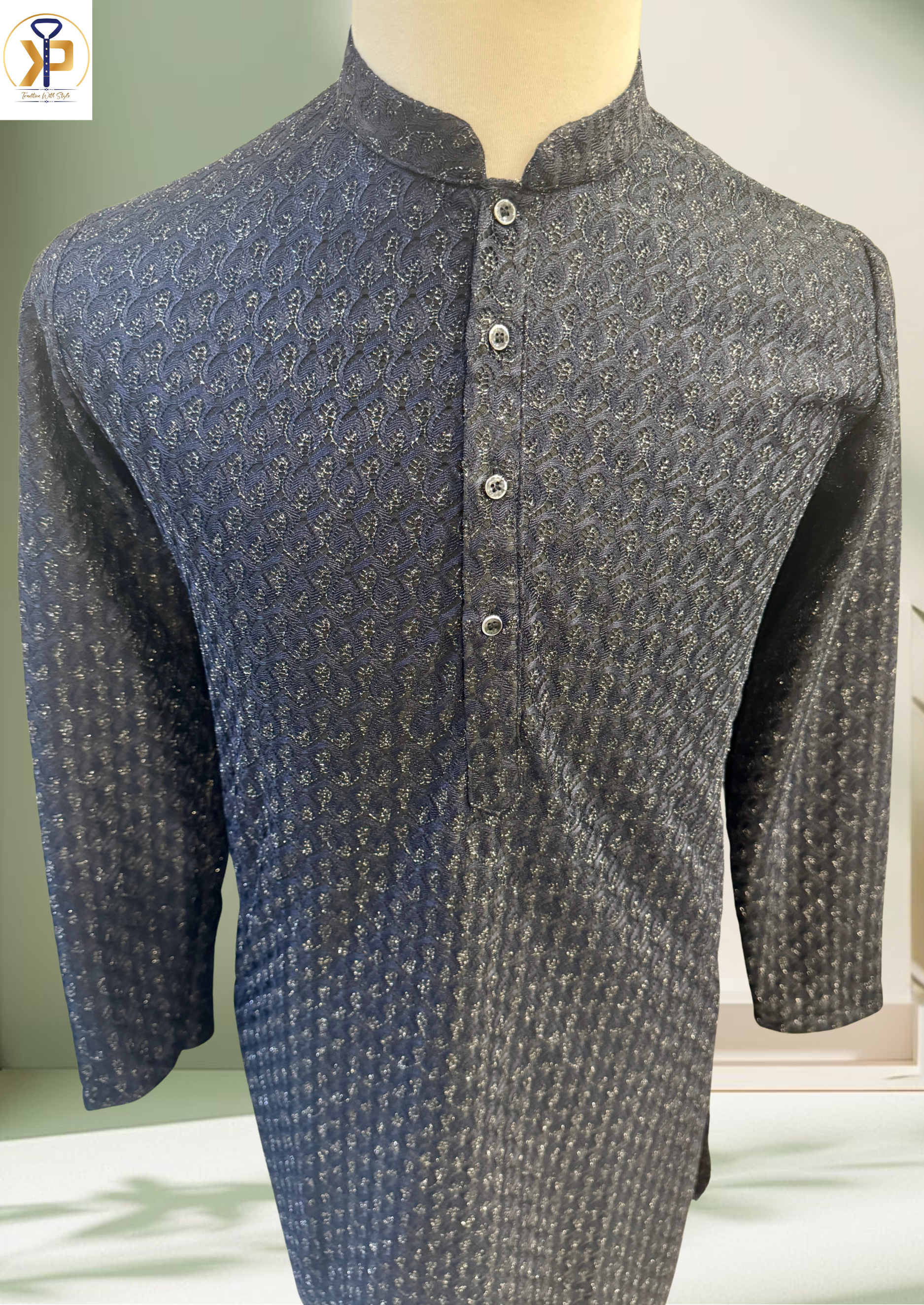 blue threadwork kurta pyjama