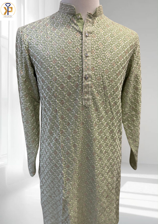 green designer kurta pyjama for men