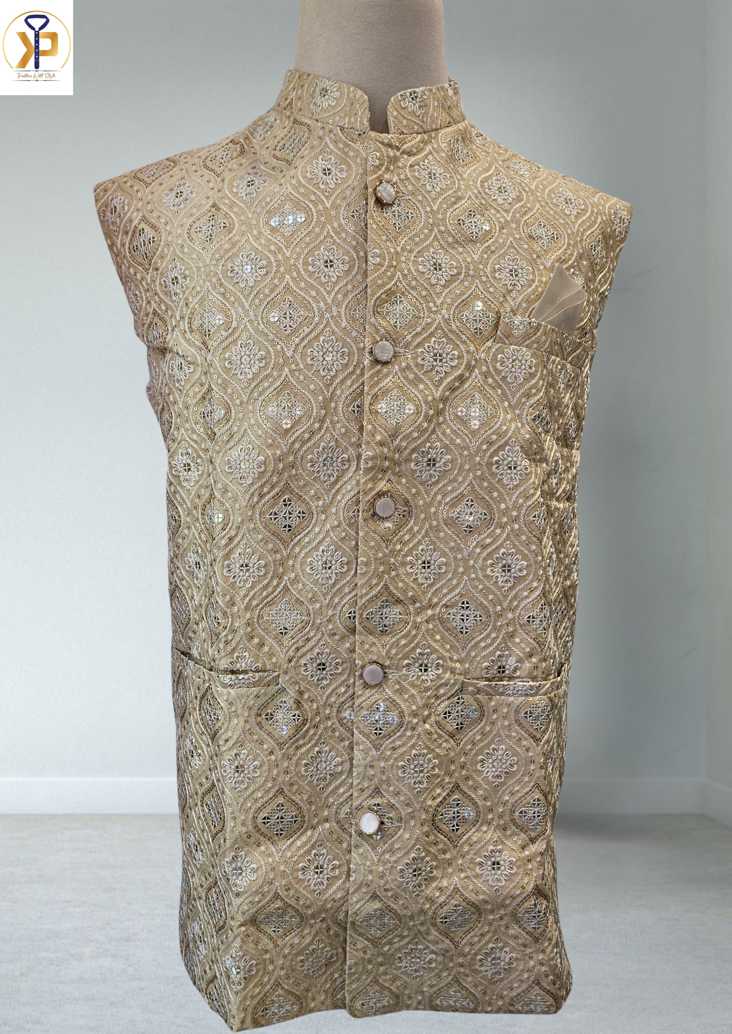 heavy beige nehru jacket for men