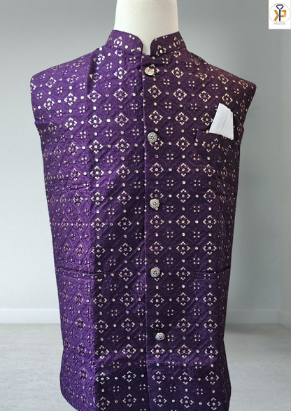Purple embroidered nehru jacket for men