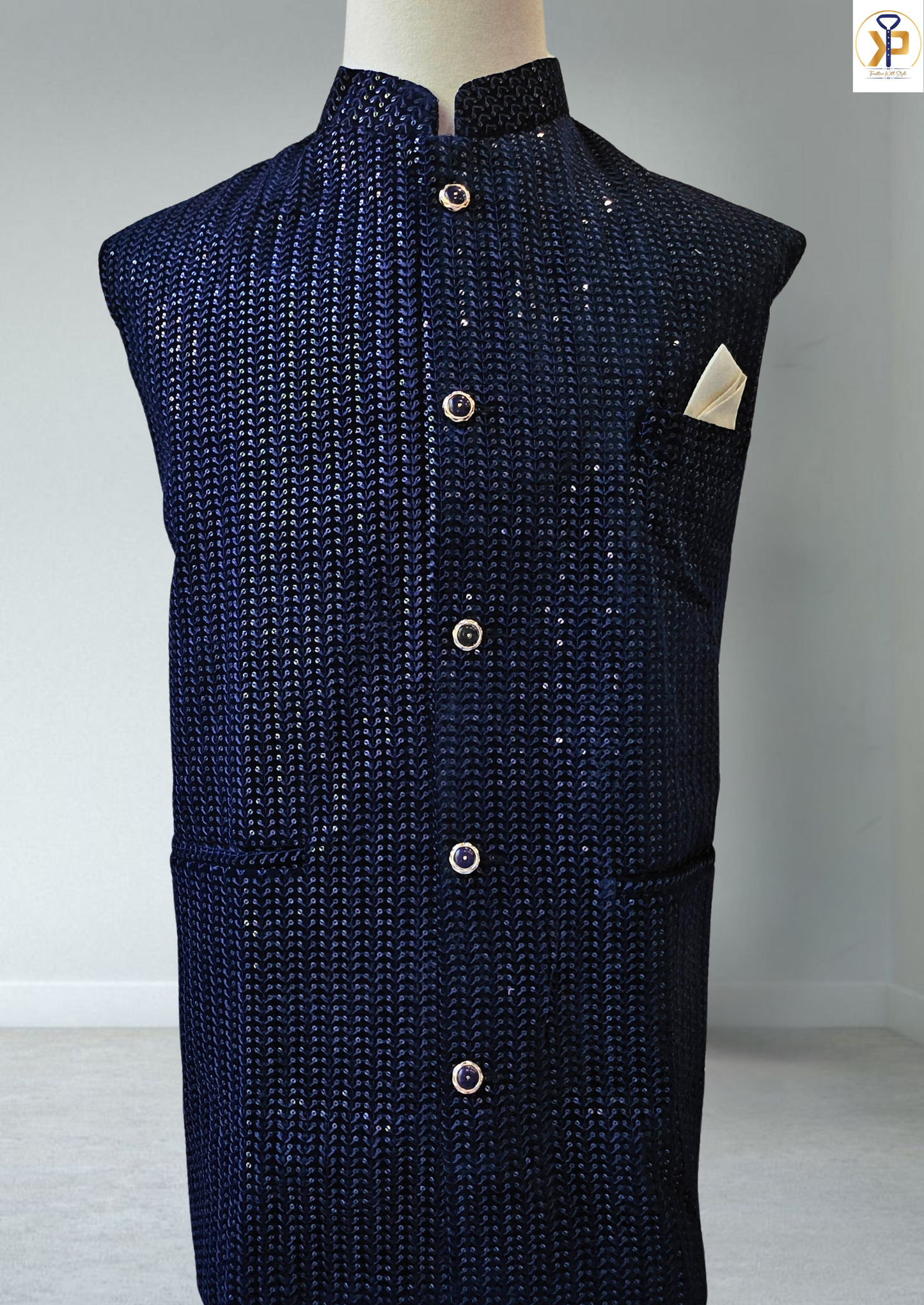 velvet blue nehru jacket for men