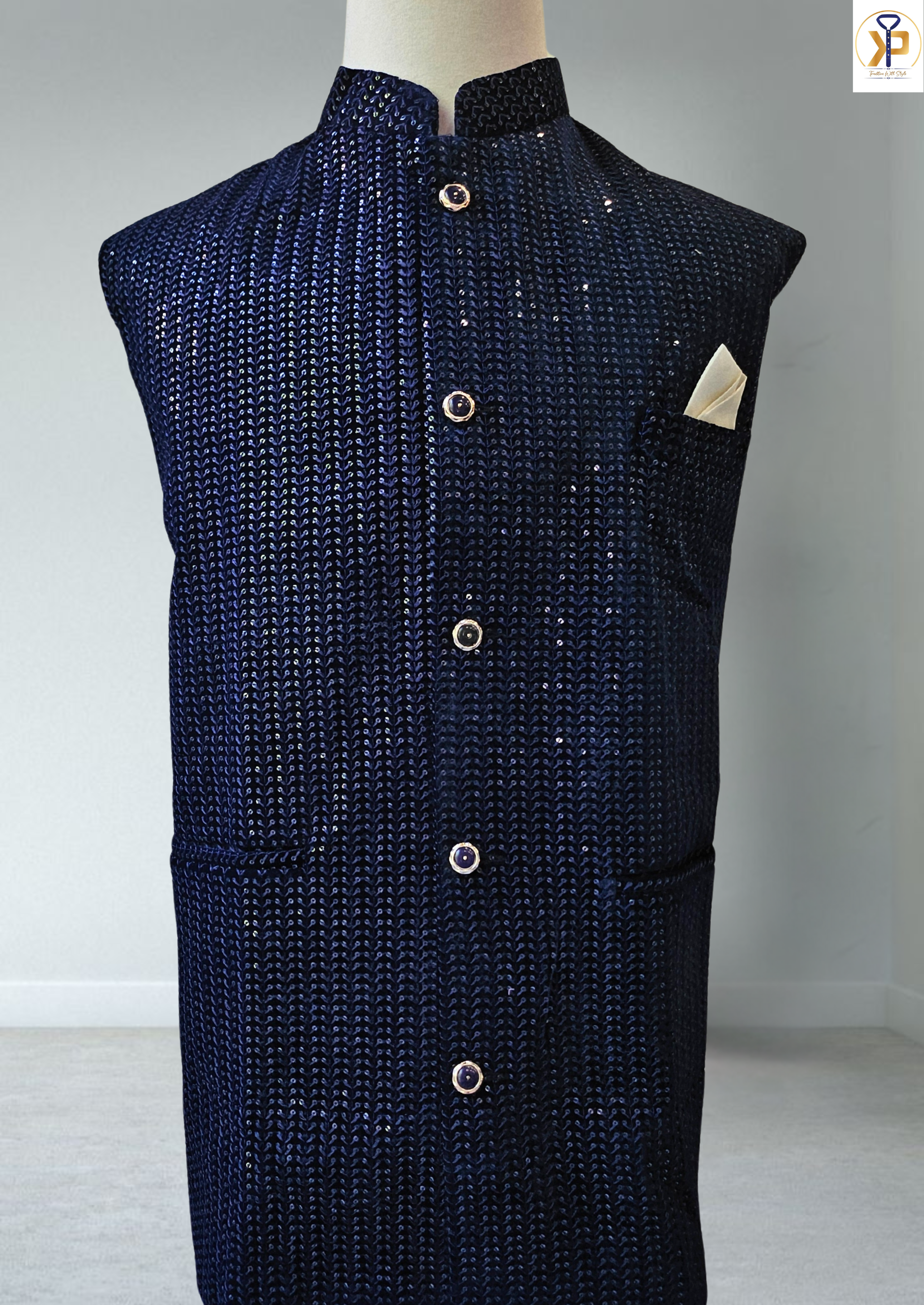 velvet blue nehru jacket for men