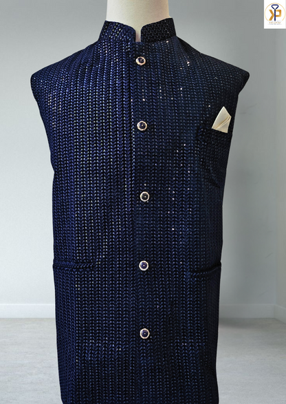 velvet blue nehru jacket for men