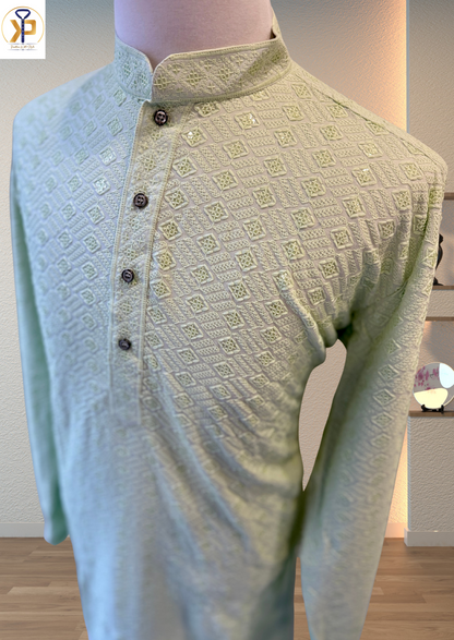 Plus Size Light Pastel Green Kurta Set For Men