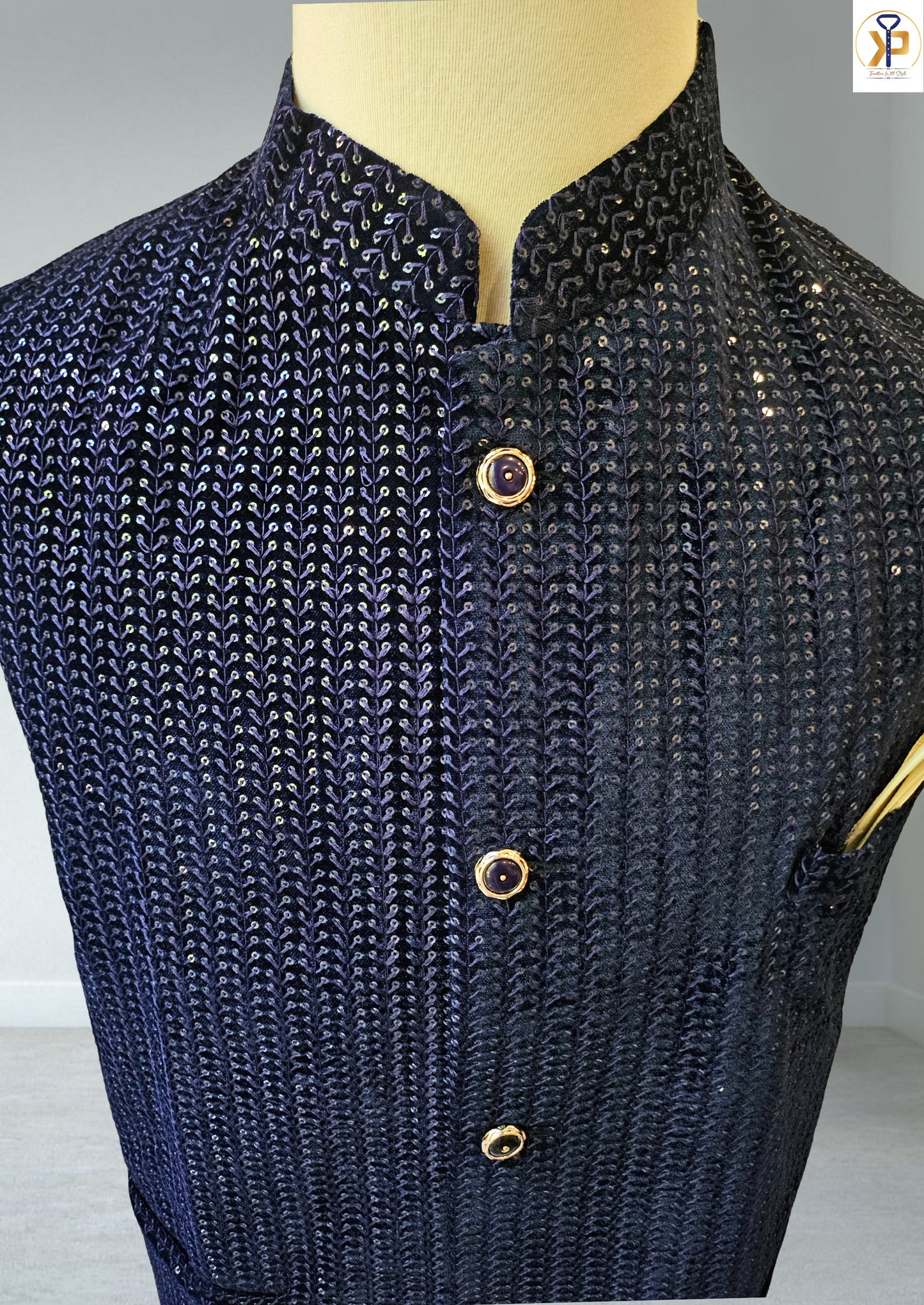 velvet blue nehru jacket