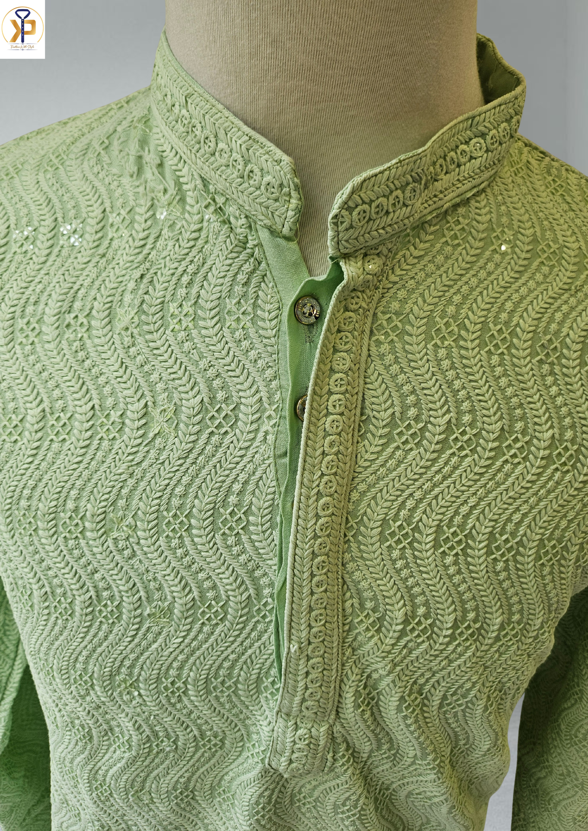 sage green luckhnowi kurta pyjama