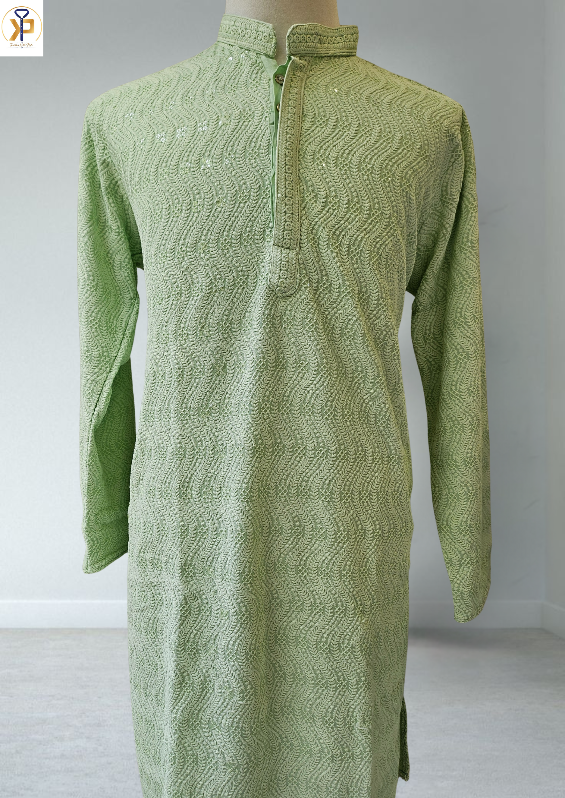 sage green luckhnowi kurta pyjama for men