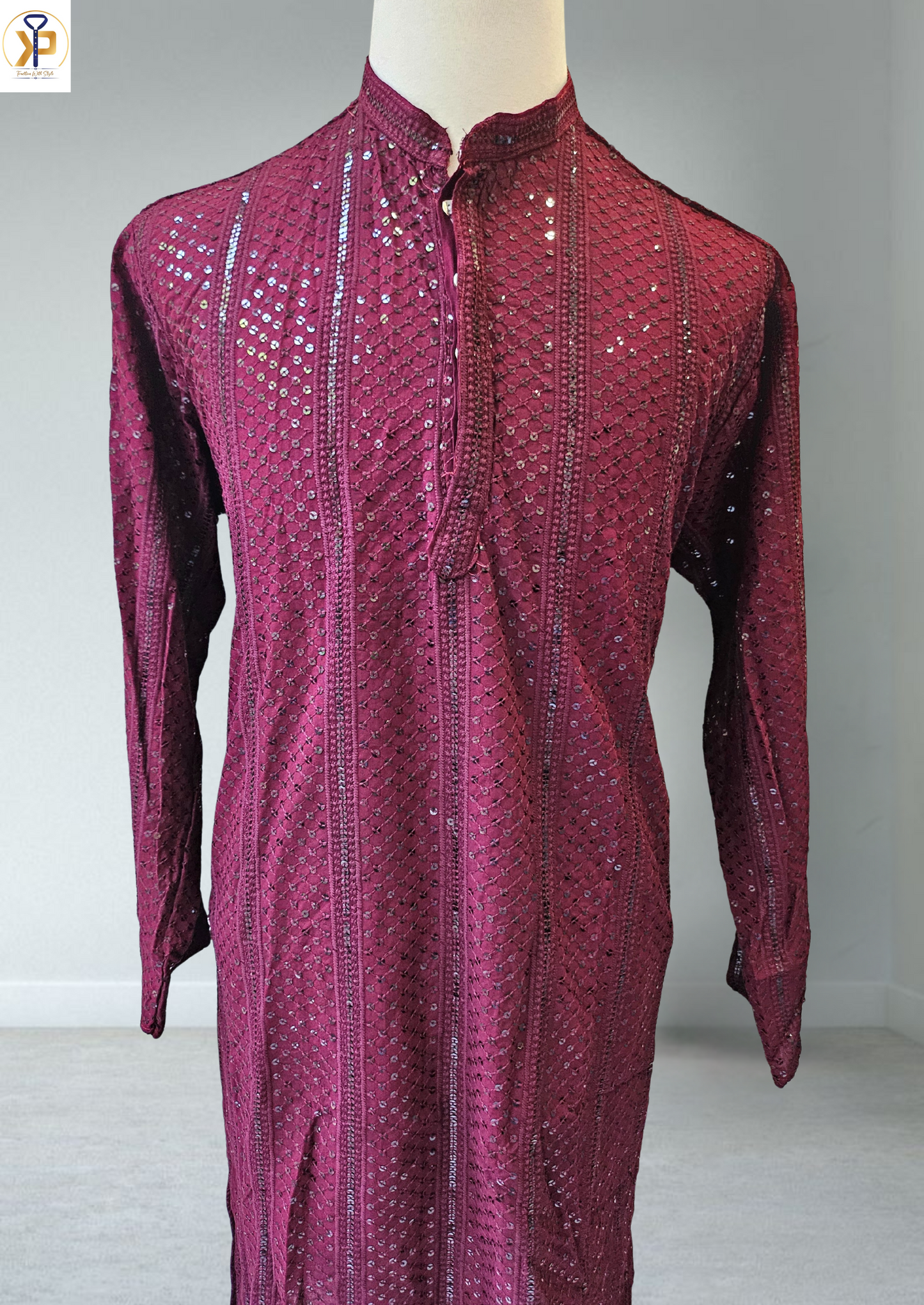 maroon sequence work kurta pyjama for men