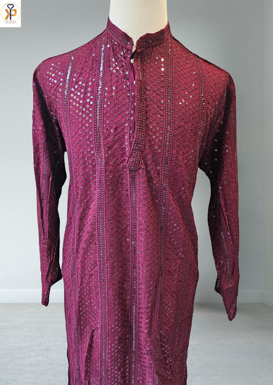 maroon sequence work kurta pyjama for men