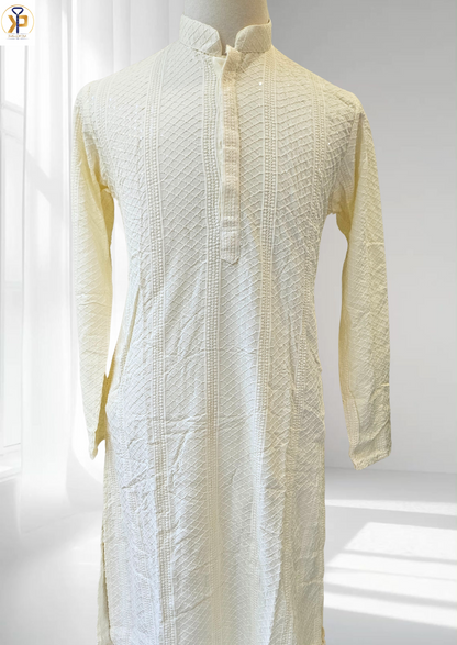 cream sequence work kurta pyjama for men
