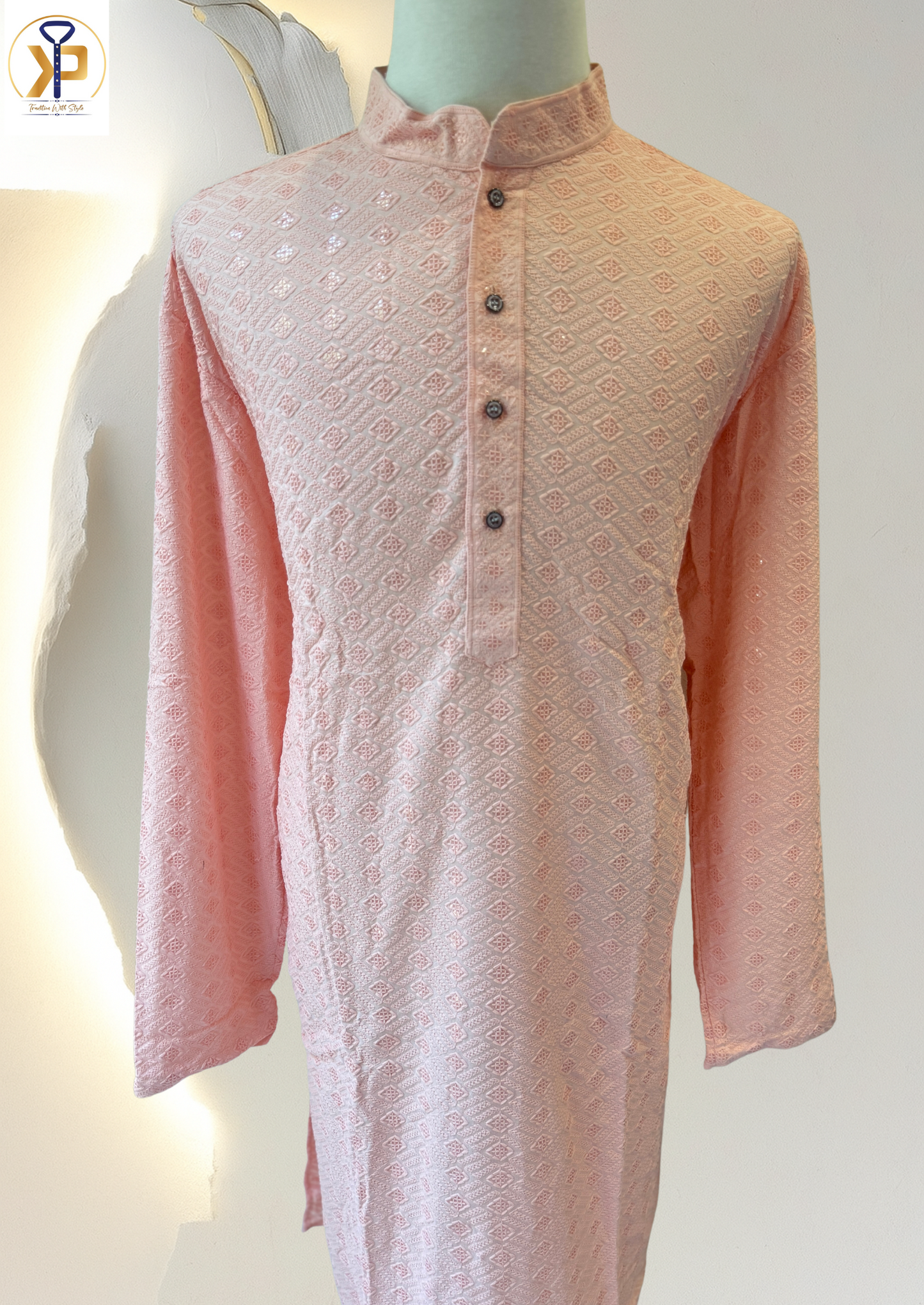 KPD5157 Plus Size Peach Chikankari Kurta Pyjama Set - Kurtapyjama.ca