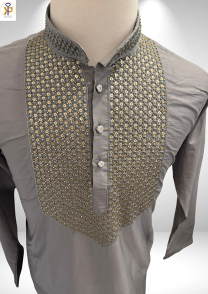 grey heavy work kurta pyjama set for men