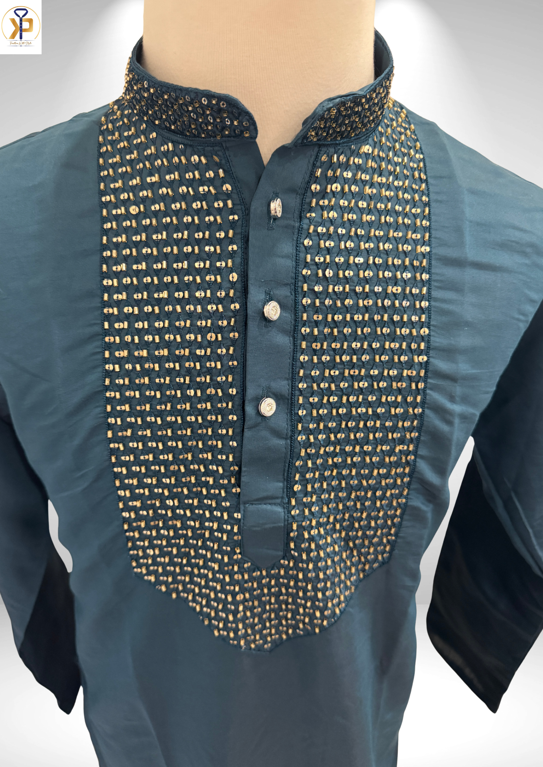 teal heavy work kurta pyjama set for men