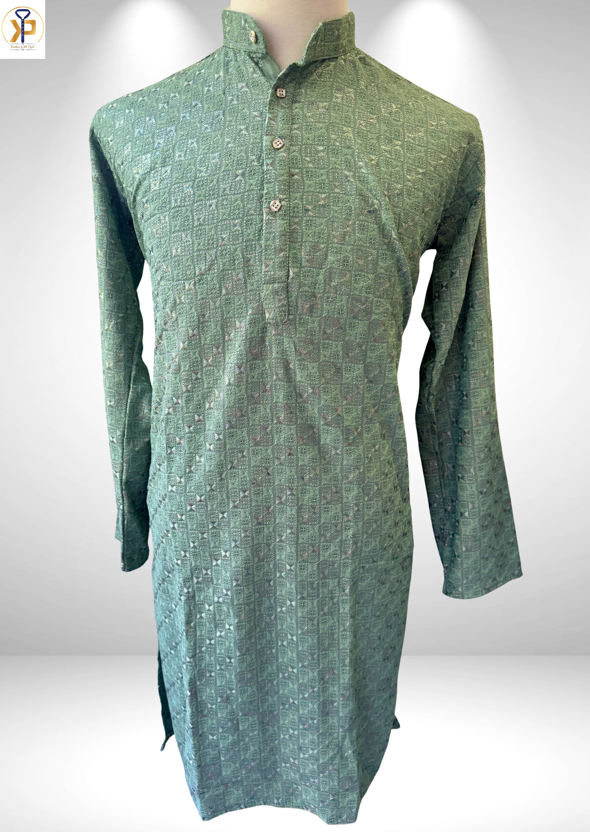 sage green threadwork kurta pyjama