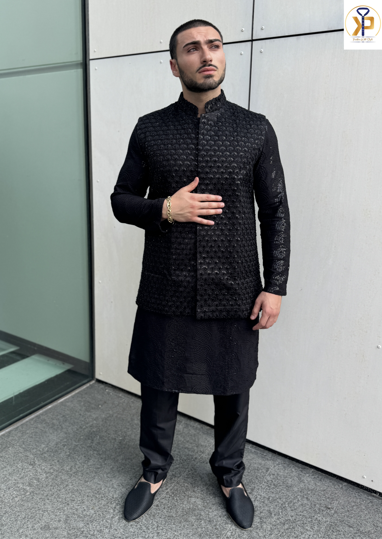 Black Thread Work Nehru Jacket 