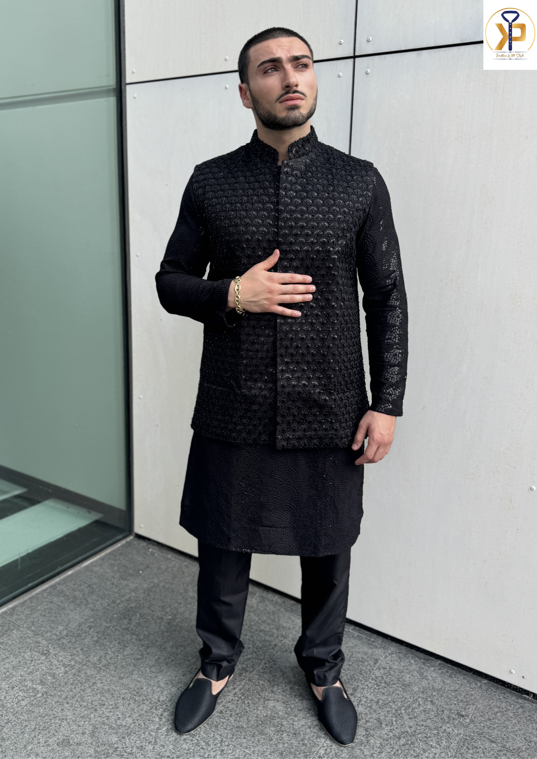 Black Thread Work Nehru Jacket 