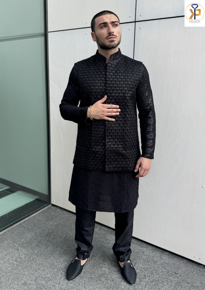 Black Thread Work Nehru Jacket 