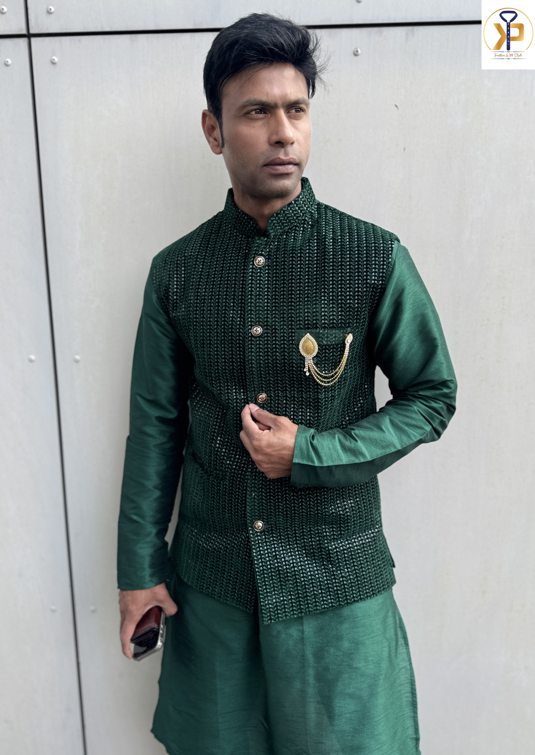KPJ7058 Dark Green Nehru Jacket - Kurtapyjama.ca