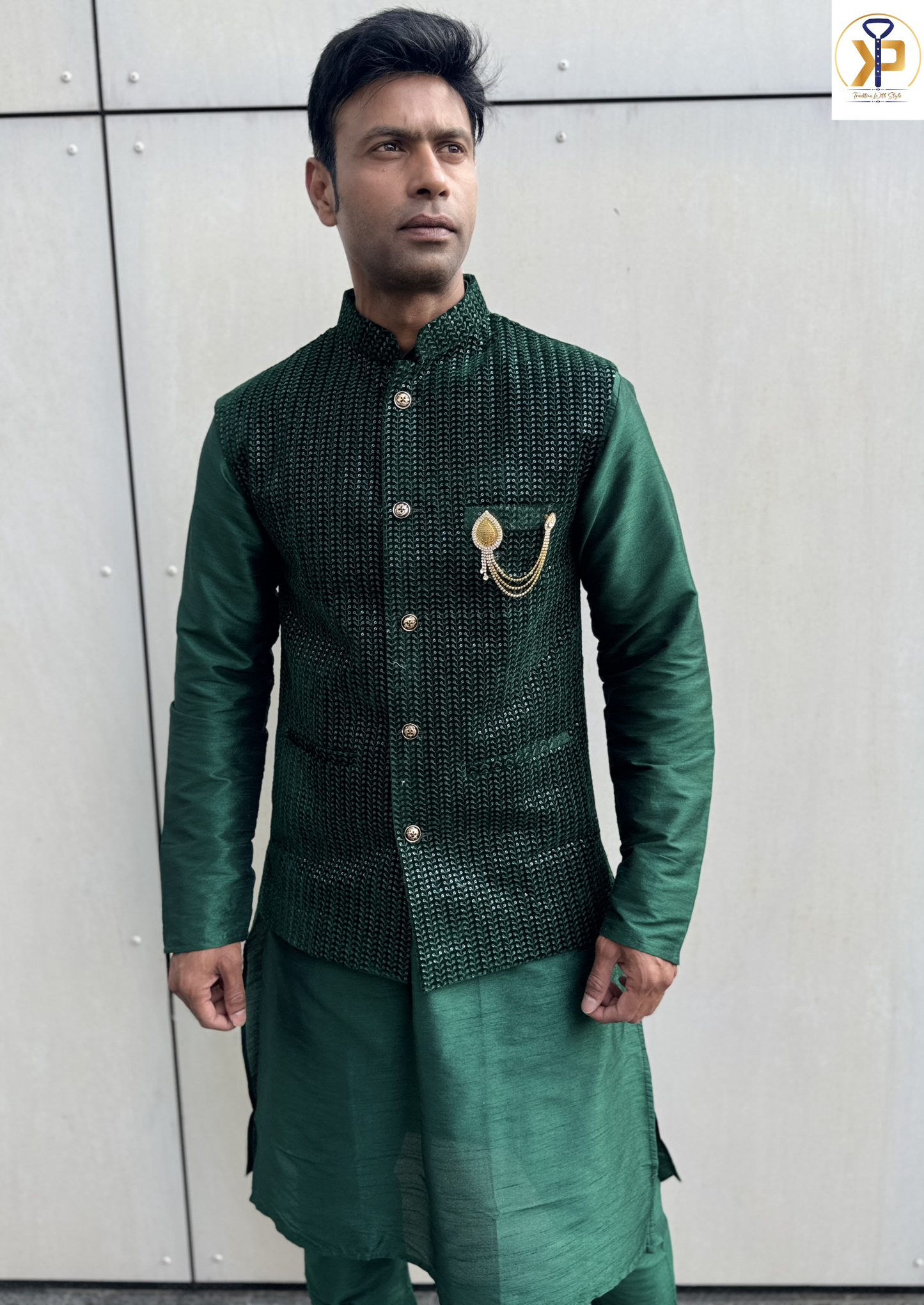 KPJ7058 Dark Green Nehru Jacket - Kurtapyjama.ca