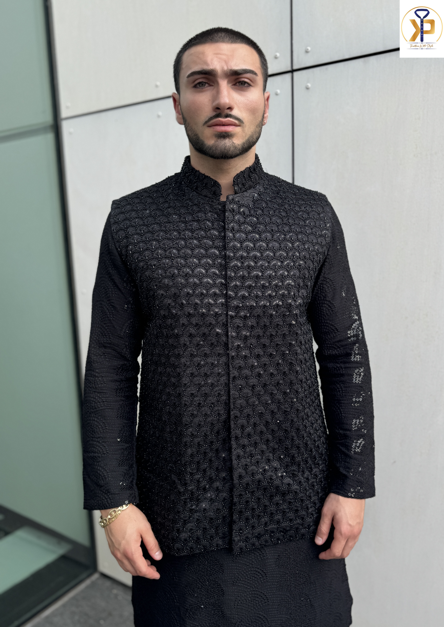 KPJ7060 Black Thread Work Nehru Jacket - Kurtapyjama.ca