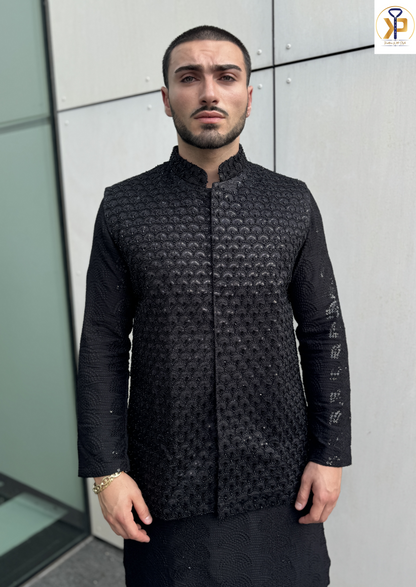 KPJ7060 Black Thread Work Nehru Jacket - Kurtapyjama.ca