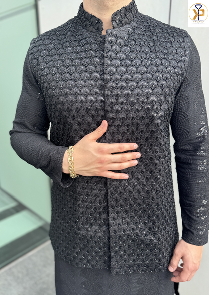 KPJ7060 Black Thread Work Nehru Jacket - Kurtapyjama.ca