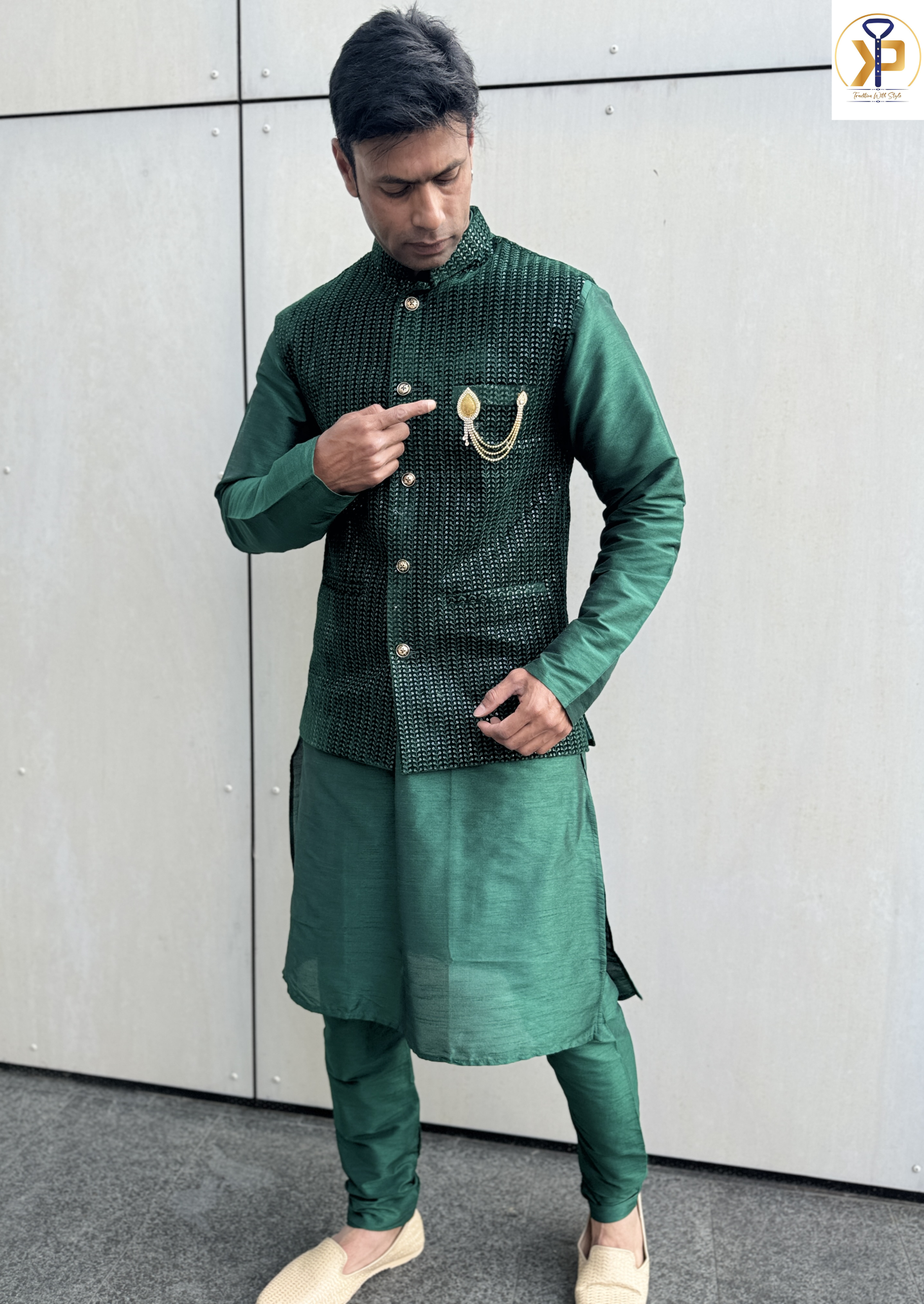 KPJ7058 Dark Green Nehru Jacket - Kurtapyjama.ca