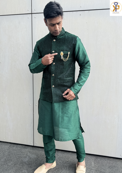 KPJ7058 Dark Green Nehru Jacket - Kurtapyjama.ca