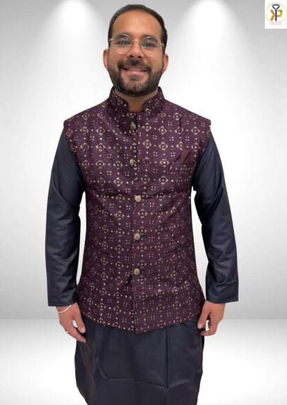 KPD5210 Navy Blue Kurta Pyjama and Purple Sequence Work Nehru Jacket Set