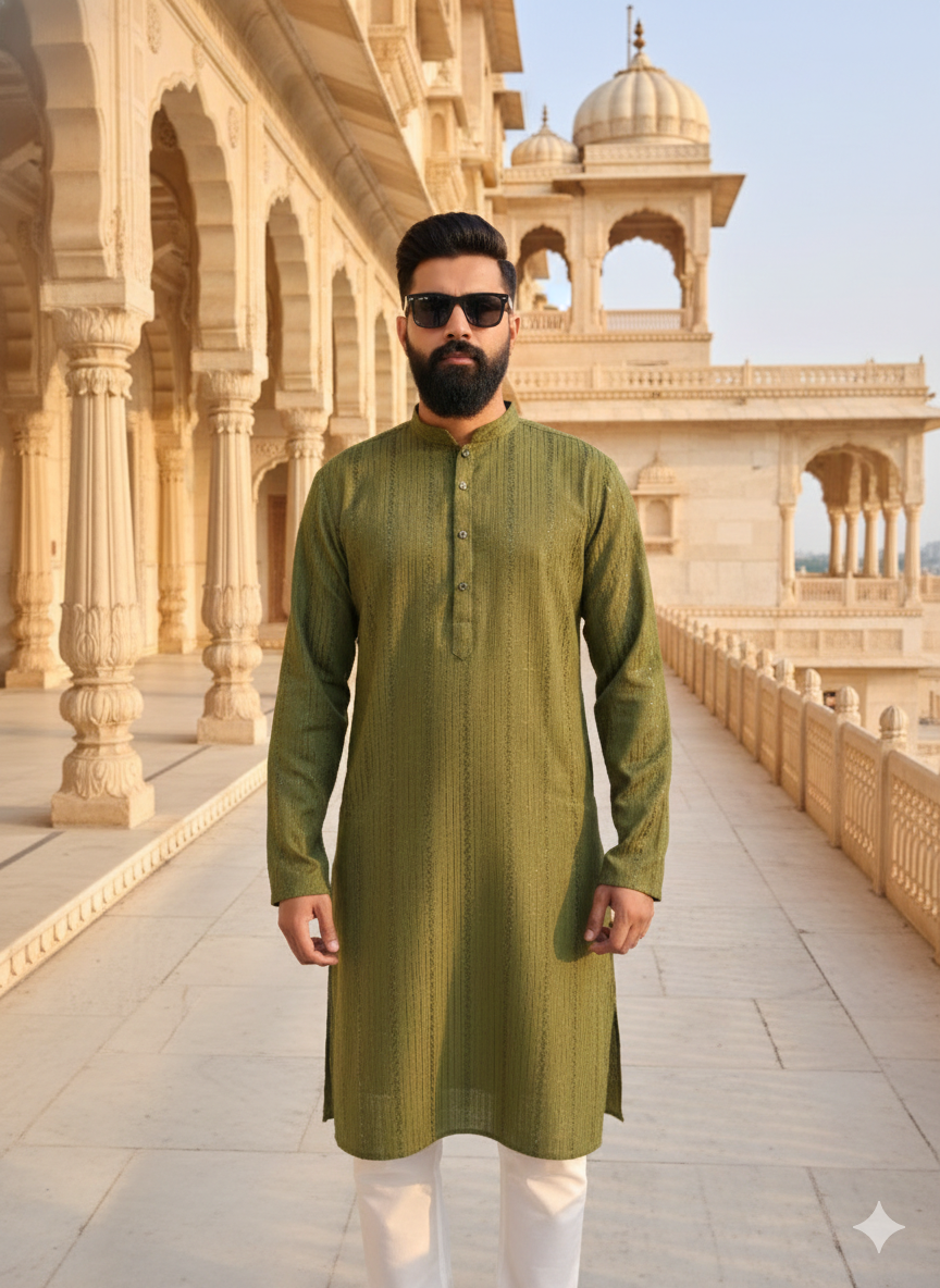 Man wearing a green kurta standing in front of an architectural building.
