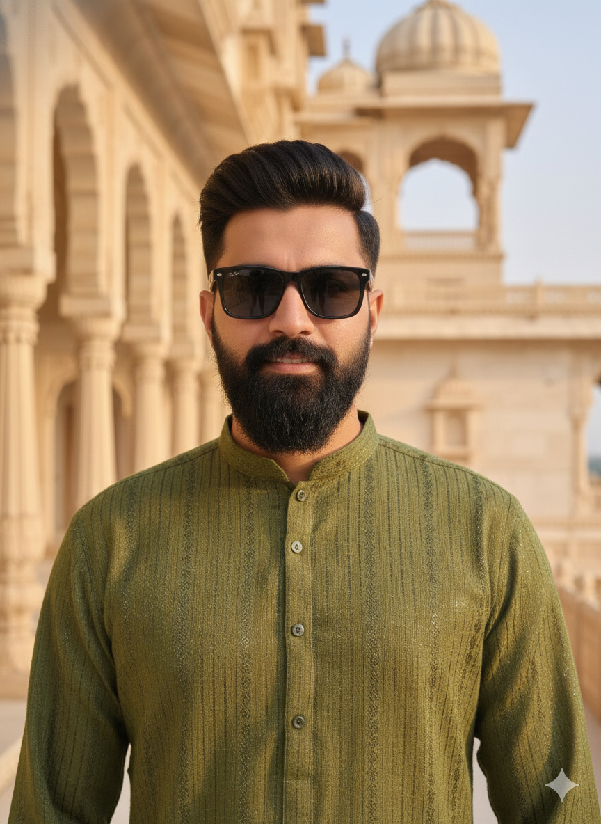 Man wearing sunglasses and a green kurta in front of an architectural background