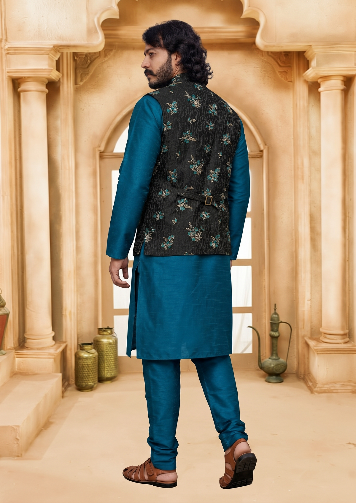 KPD2010 Turtle Blue Kurta Pyjama Set With Designer Black Jacket (Koti) and Pocket Square
