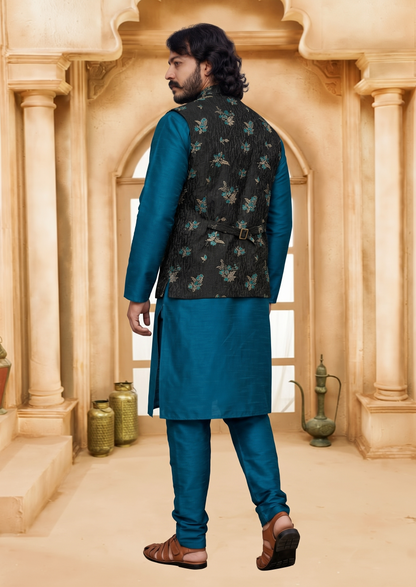 KPD2010 Turtle Blue Kurta Pyjama Set With Designer Black Jacket (Koti) and Pocket Square
