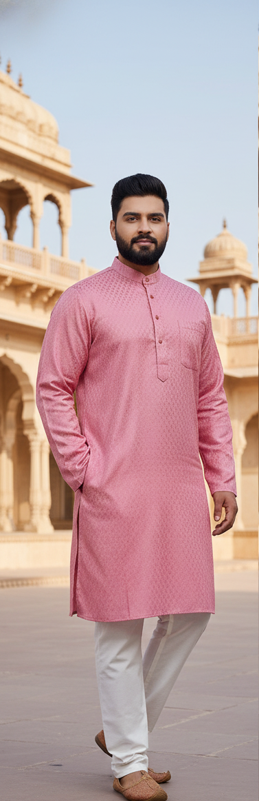KPD4010 Jacquard Pink Kurta White Pyjama Set